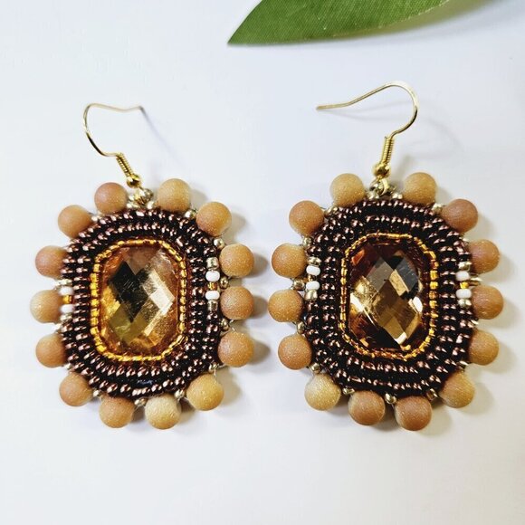 2/$27 | Orange and Bronze Shield Beaded Indigenous Hoop Earrings | Handmade - Picture 4 of 7